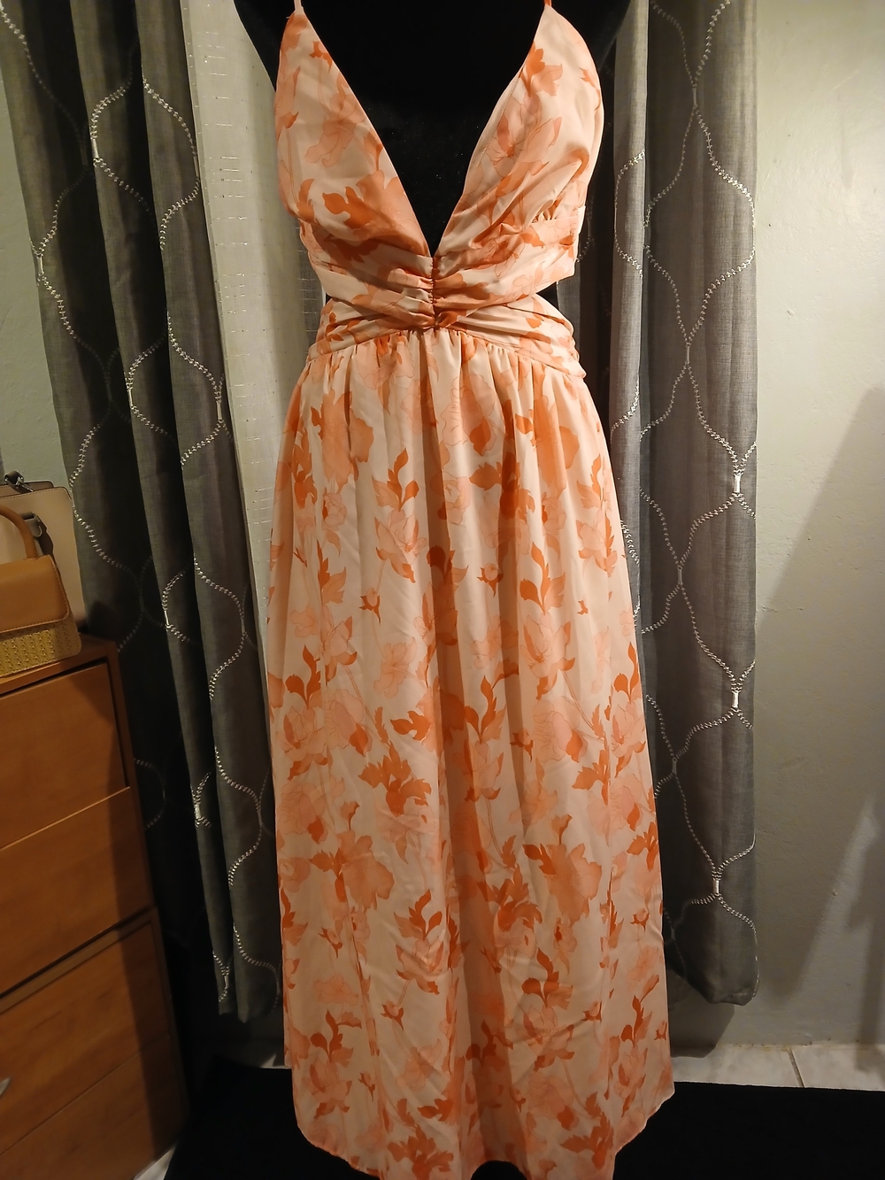 Peach Floral Plunge Maxi Dress with Gathered Waist